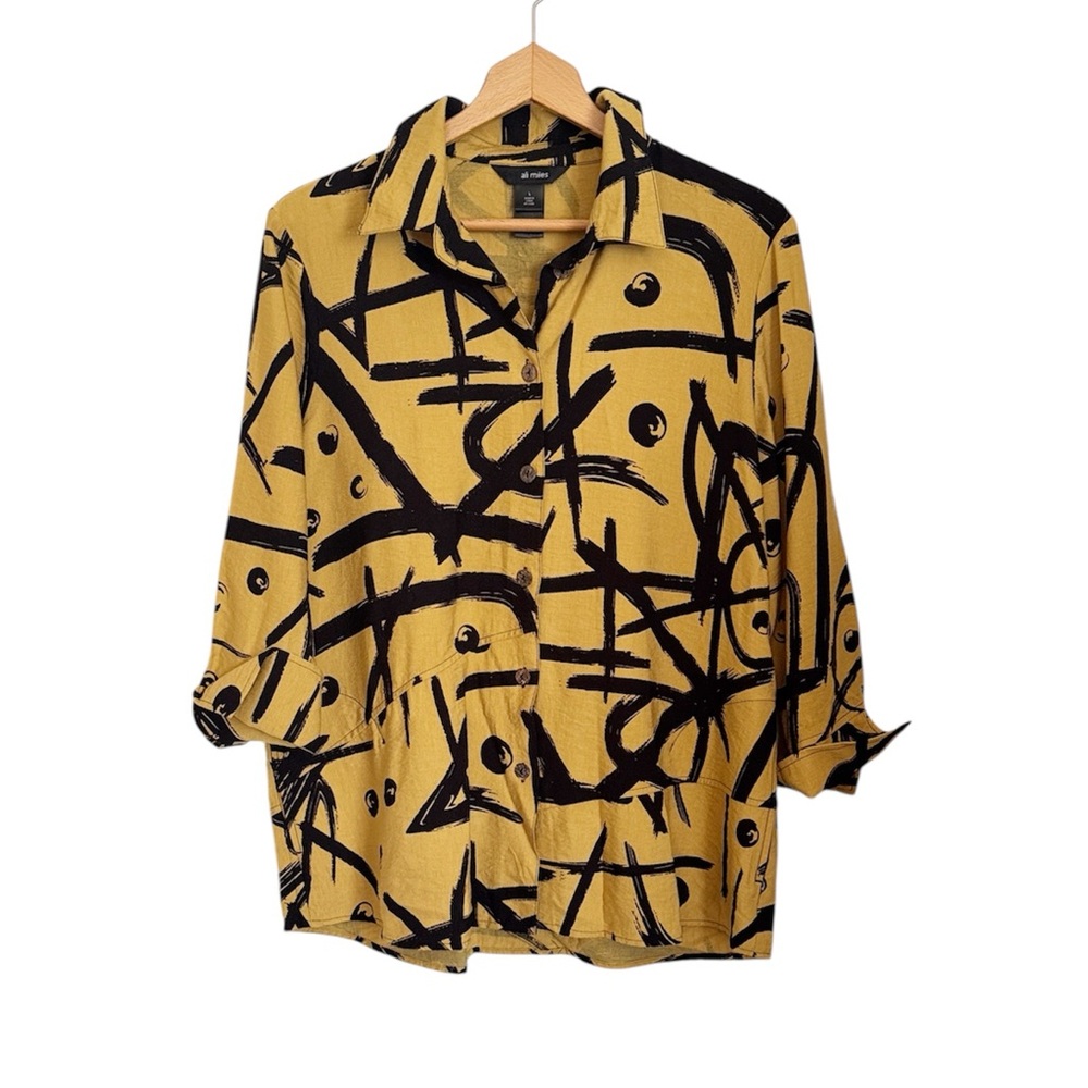 Ali Miles Womens Printed Woven Button Front Graffiti Yellow Black Blouse size L